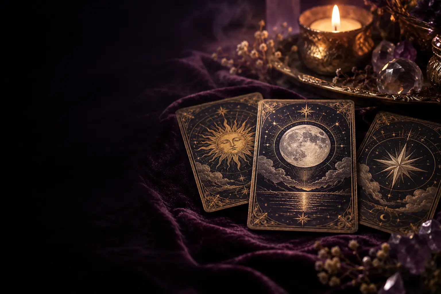 Des cartes de tarot célestes sur du velours violet éclairé à la bougie
